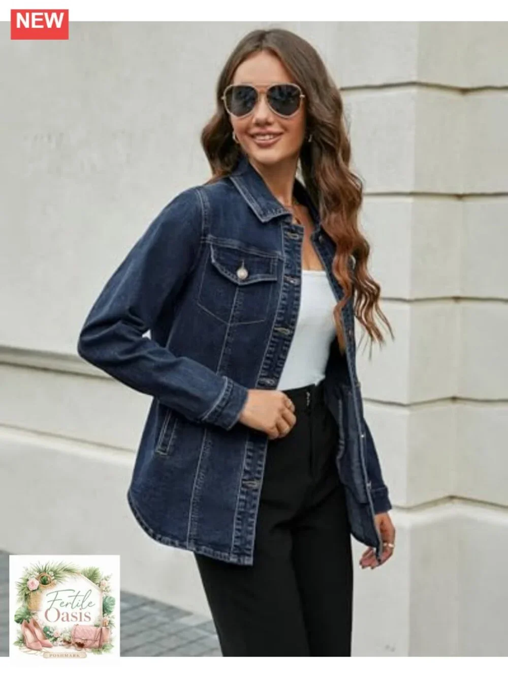 Women's Oversized Denim Shacket with Pockets - Medium Stretch Button Up Long
